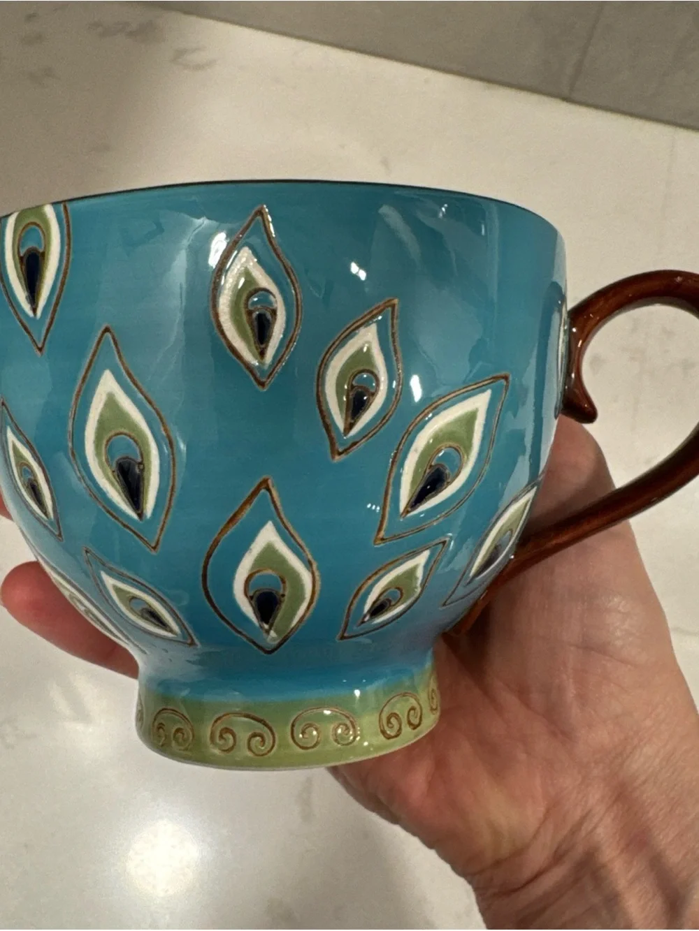 Pier 1 Turquoise Peacock Feather Ceramic Tea Cup with Brown Handle hand painted